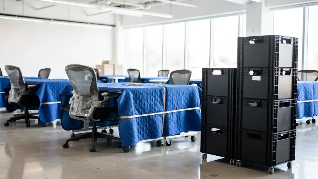 Office desks wrapped in blue moving blankets with stacked plastic moving crates