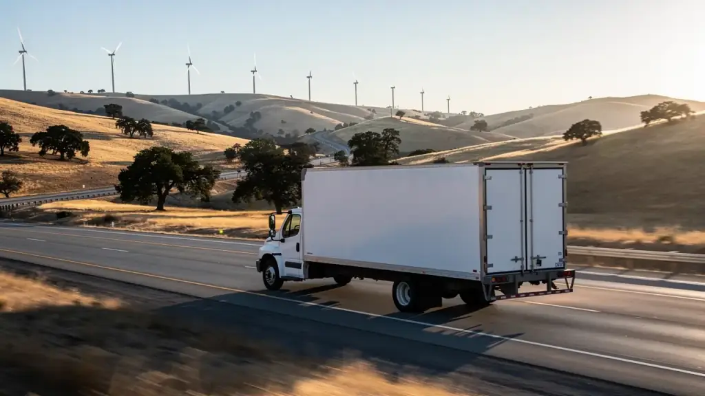 A plain white box truck on a California interstate through golden hills