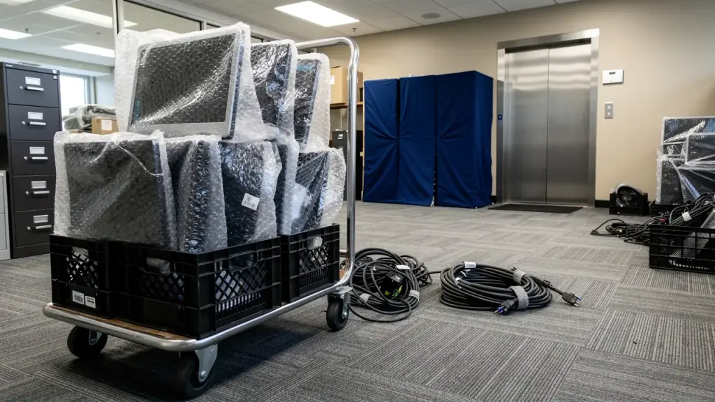 Bubble-wrapped monitors stacked in crates on a dolly by an elevator