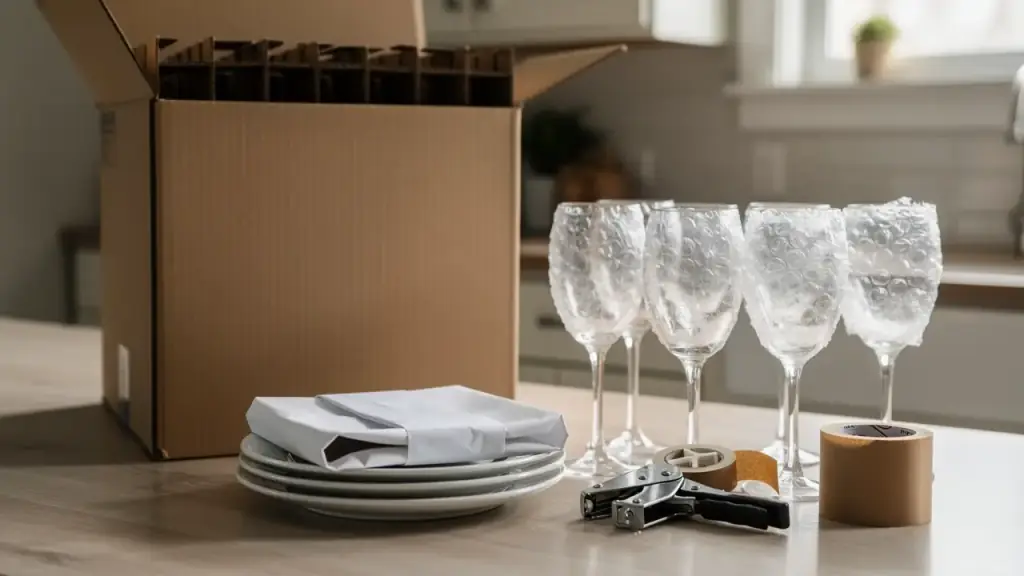 Wine glasses wrapped in bubble wrap beside a dish-pack box and packing tape