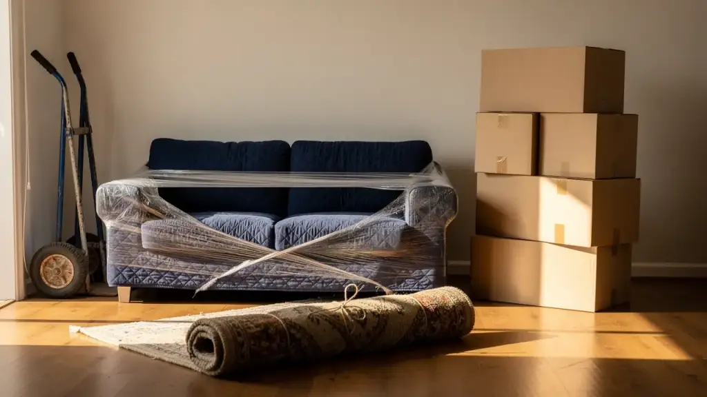 A sofa wrapped in quilted moving blankets beside taped boxes and a hand truck